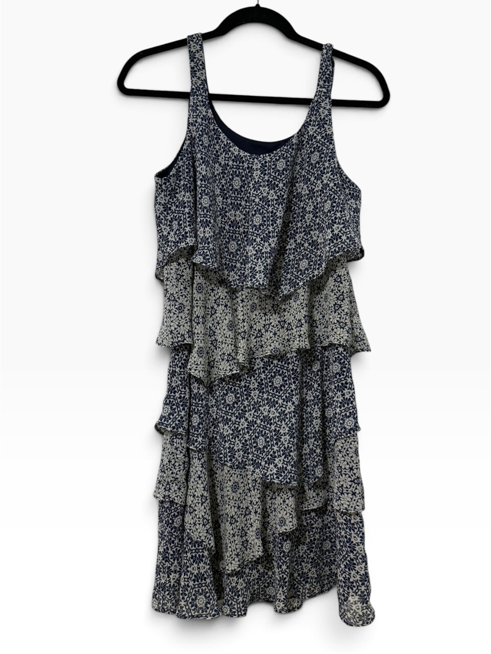 Bethany Navy and Cream Floral Tiered Ruffle Dress Size 10P